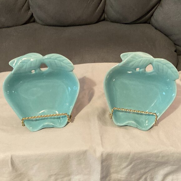 VTG 1960's HOENIG of CALIFORNIA Pottery-Set of 2 Turquoise Blue Apple Dishes-EUC - Picture 1 of 11